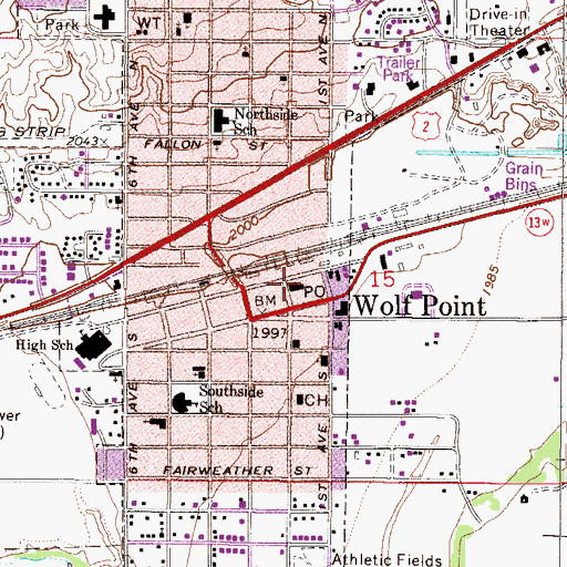 Topographic Map of Wolf Point Post Office, MT