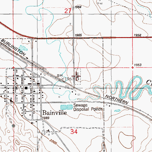 Topographic Map of Bainville Cemetery, MT