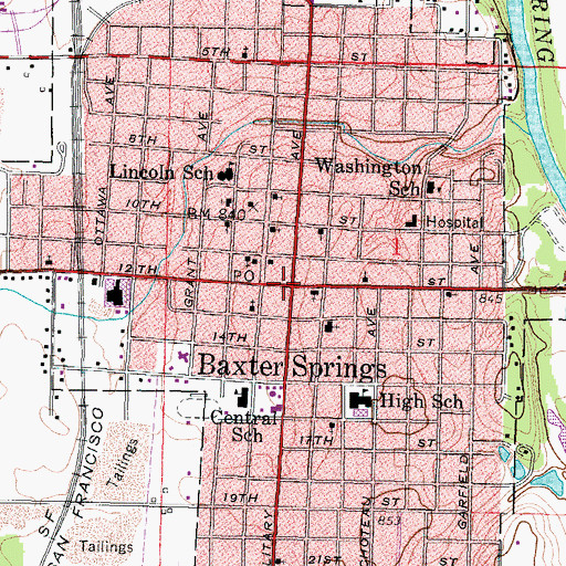 Topographic Map of Baxter Springs, KS