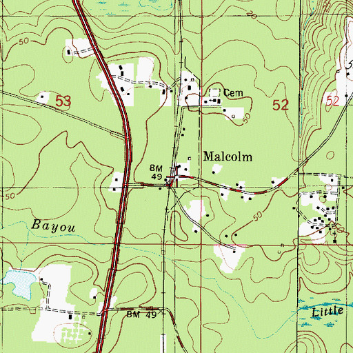Topographic Map of Malcolm Post Office, AL