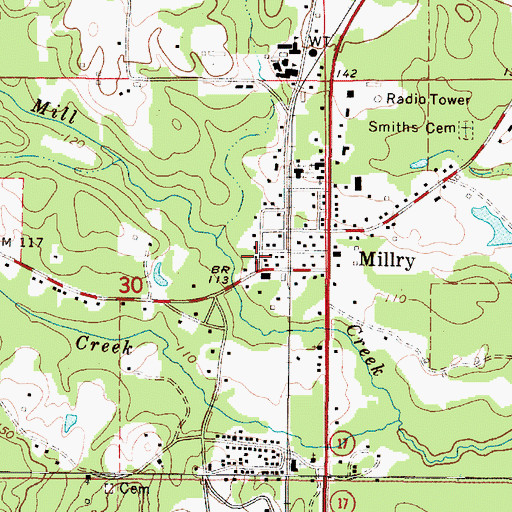 Topographic Map of Millry Post Office, AL