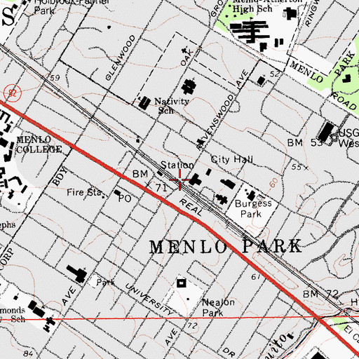 Topographic Map of Menlo Park Central Library, CA