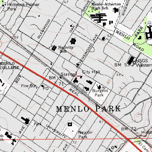 Topographic Map of Menlo Park City Hall, CA