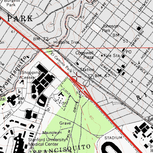 Topographic Map of Palo Alto Railroad Station, CA