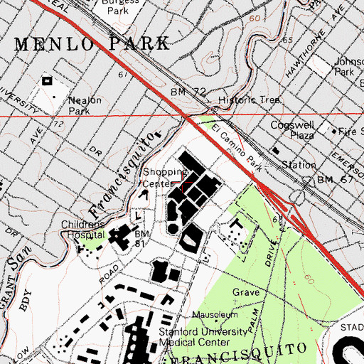 Topographic Map of Stanford Shopping Center, CA