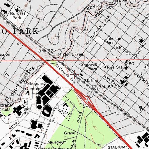 Topographic Map of Palo Alto Fire Department Station 1, CA