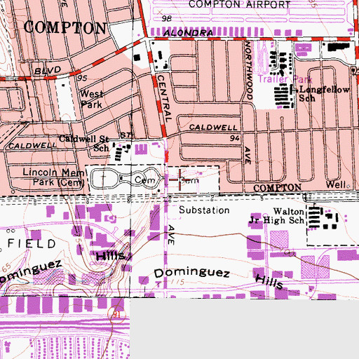 Topographic Map of Woodlawn Cemetery, CA