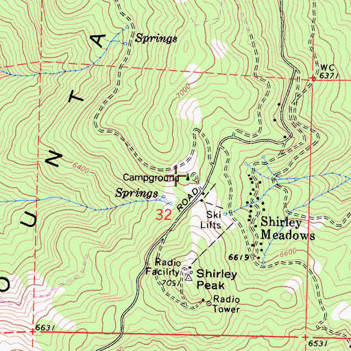 Topographic Map of Shirley Meadow Campground, CA