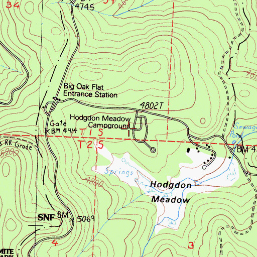 Topographic Map of Hodgdon Meadow Campground, CA