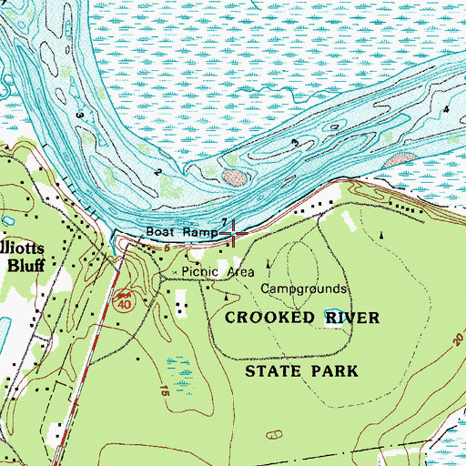 Topographic Map of Elliotts Bluff, GA