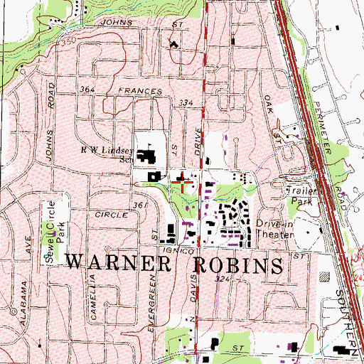 Topographic Map of Evergreen Baptist School, GA