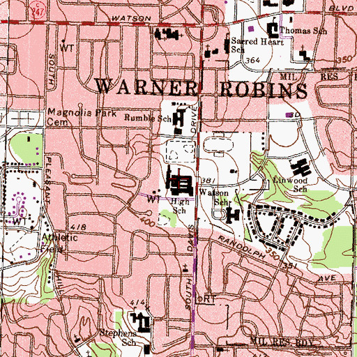 Topographic Map of Warner Robins High School, GA