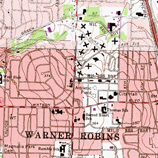 Topographic Map of Warner Robins Post Office, GA