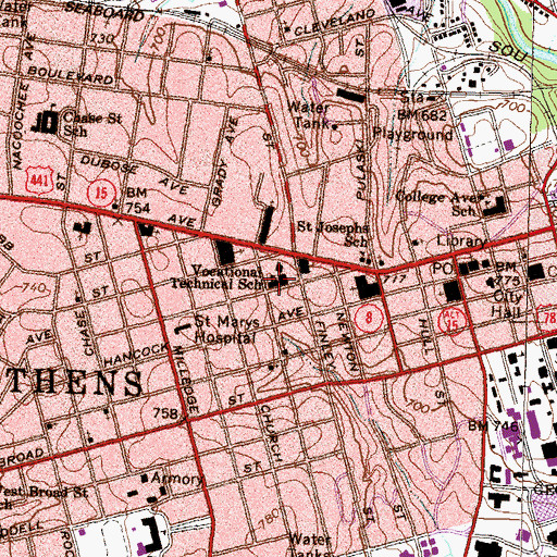 Topographic Map of Athens Area Vocational School, GA