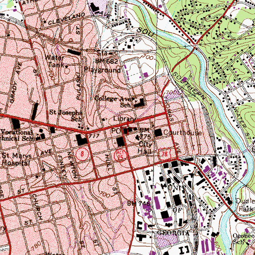 Topographic Map of Downtown Post Office, GA