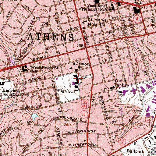 Topographic Map of Clarke Central High School, GA
