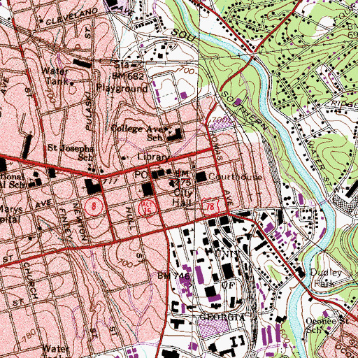 Topographic Map of Downtown Athens Historic District, GA