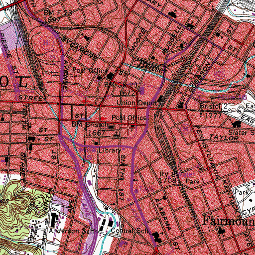 Topographic Map of Bristol Post Office, TN