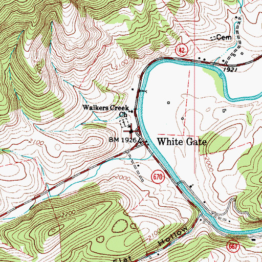 Topographic Map of Walkers Creek Academy (historical), VA