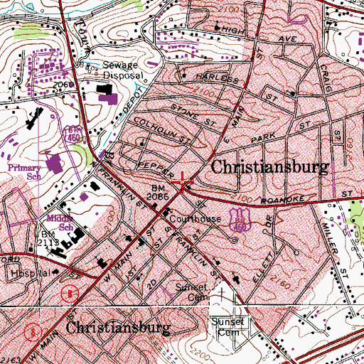 Topographic Map of Christiansburg City Hall, VA