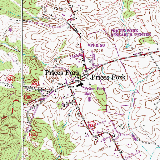 Topographic Map of Prices Fork Historic District, VA