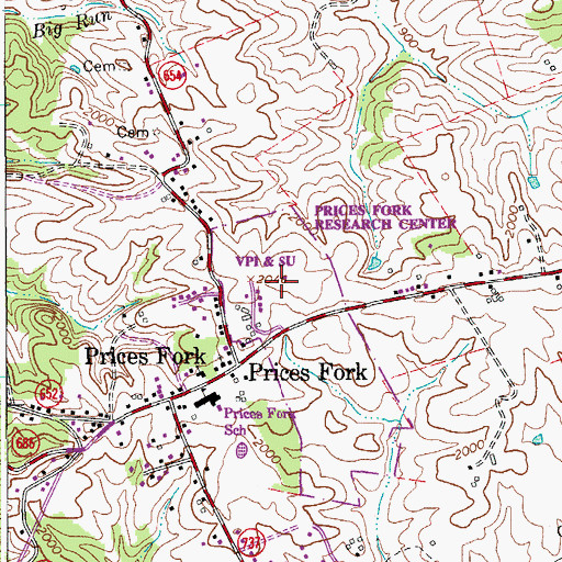 Topographic Map of Prices Fork Research Center, VA