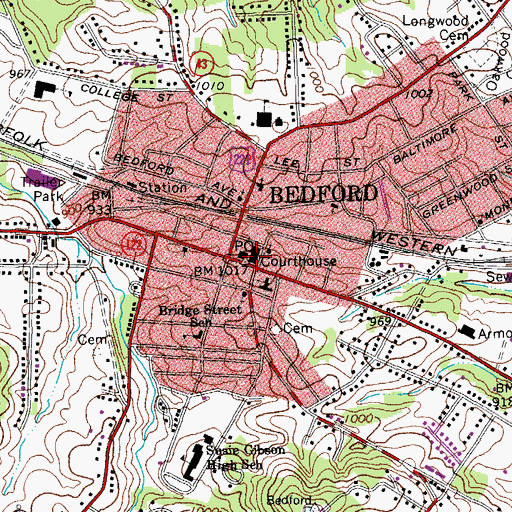 Topographic Map of Bedford County Courthouse, VA