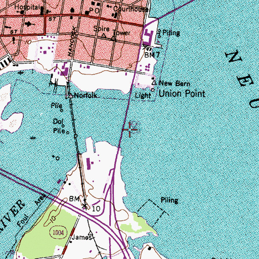 Topographic Map of Alfred A Cunningham Bridge, NC