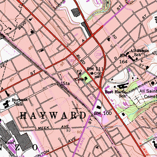 Topographic Map of Hayward Public Library, CA