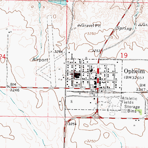 Topographic Map of Opheim Community Library, MT