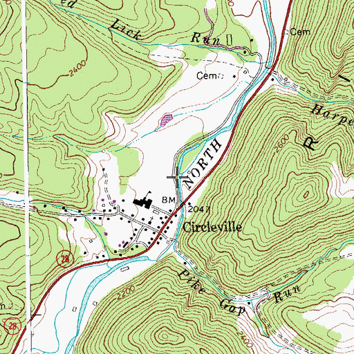 Topographic Map of Roaring Springs, WV