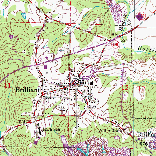 Topographic Map of Brilliant Post Office, AL