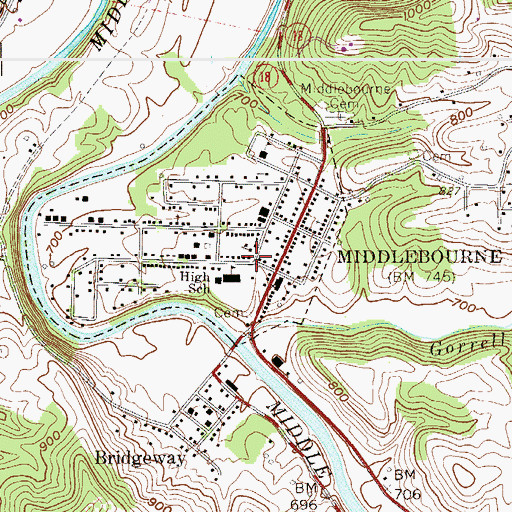 Topographic Map of Middlebourne Post Office, WV