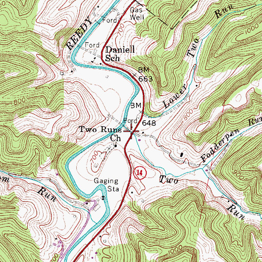 Topographic Map of Two Run, WV