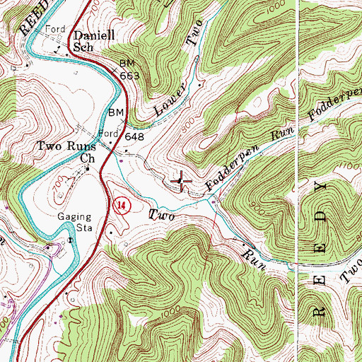 Topographic Map of Two Runs School (historical), WV