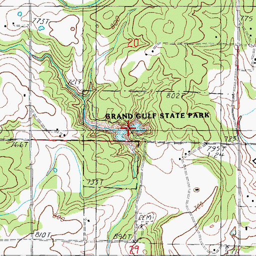 Topographic Map of Grand Gulf Natural Bridge, MO