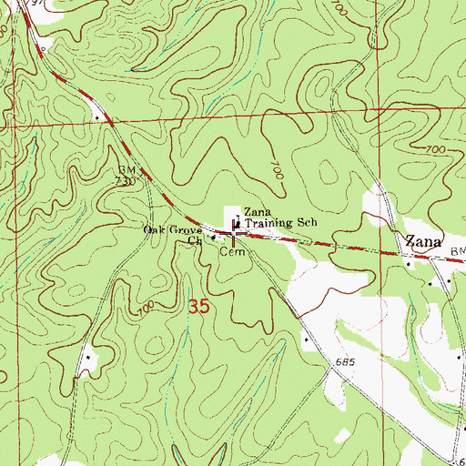Topographic Map of Zana (historical), AL