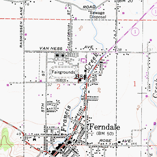 Topographic Map of Ferindale High School, CA