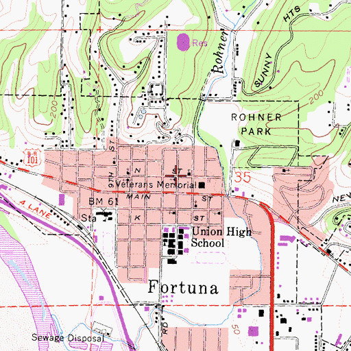 Topographic Map of Fortuna Branch Humboldt County Library, CA