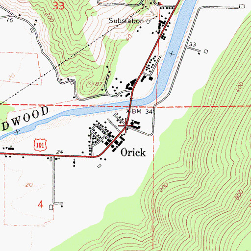 Topographic Map of Orick Elementary School, CA