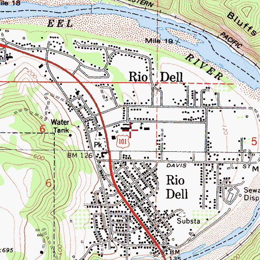 Topographic Map of Rio Dell Primary School, CA