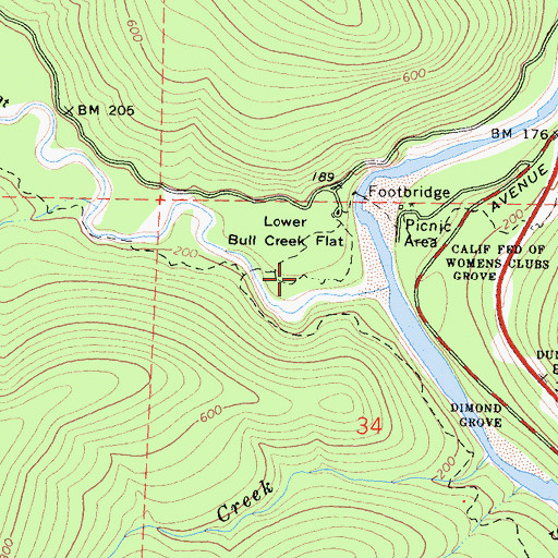 Topographic Map of Rockefeller Loop Trail, CA