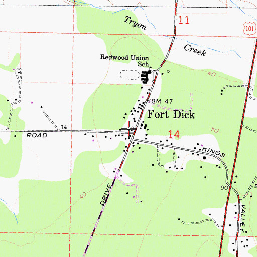 Topographic Map of Fort Dick Bible Church, CA