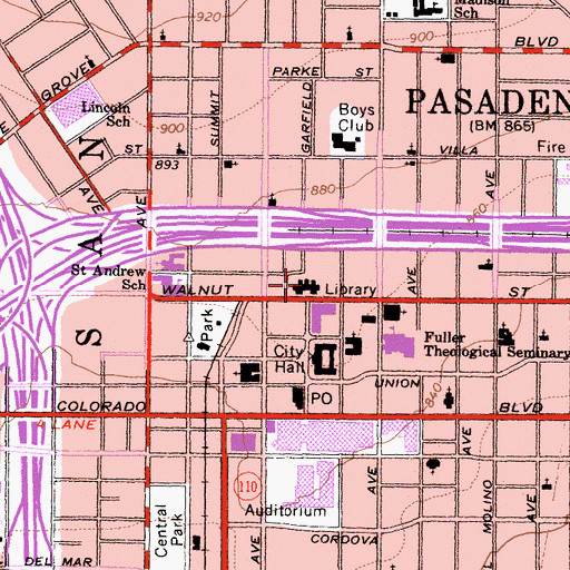 Topographic Map of Pasadena Public Library, CA