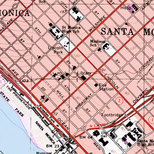 Topographic Map of Santa Monica Public Library, CA