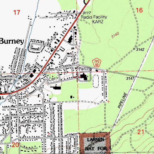 Topographic Map of Burney Junior / Senior High School, CA