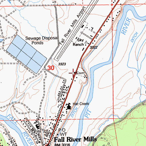 Topographic Map of Fall River Cemetery, CA