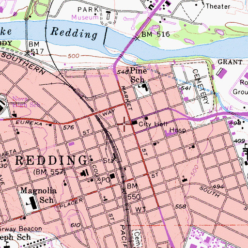 Topographic Map of Old Redding City Hall Building, CA