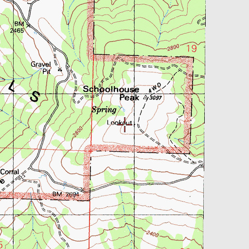 Topographic Map of Schoolhouse Peak Lookout, CA
