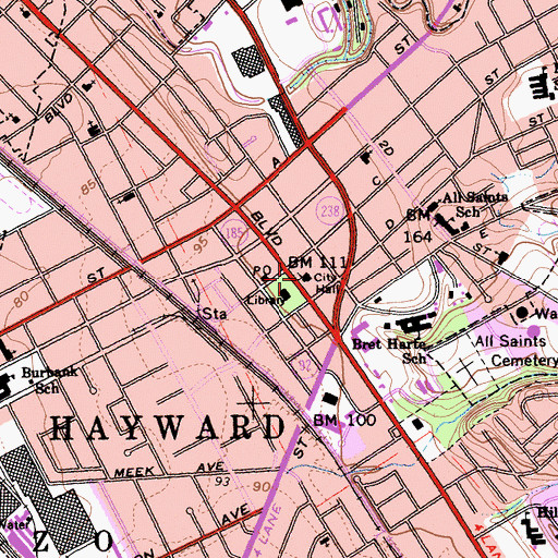 Topographic Map of Hayward City Hall, CA